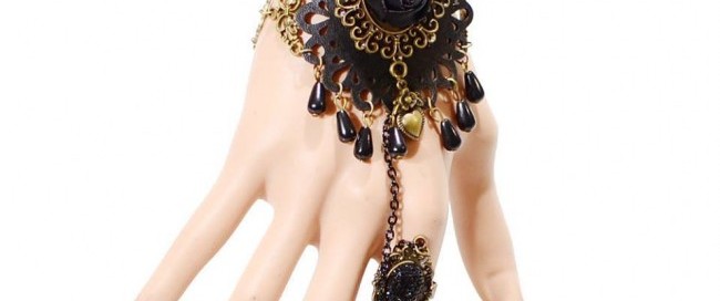 תכשיט ערב : צמיד וטבעת תחרה שחורה קישוט ברונזה