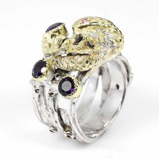 תכשיט לכלה ולערב: טבעת בשיבוץ אמטיסט וטורמלין ורוד תכשיט יוקרה עבודת יד