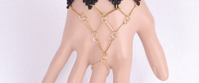 תכשיט ערב : צמיד וטבעת תחרה שחורה קישוט ברונזה מוזהב