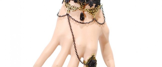 תכשיט ערב : צמיד וטבעת תחרה שחורה קישוט ברונזה עדין