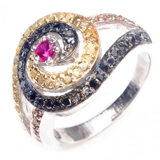 לכלה ולערב: טבעת כסף 925 בשיבוץ יהלומי גלם 1.46 קרט וזירקון אדום ושחור מידה: 7.5