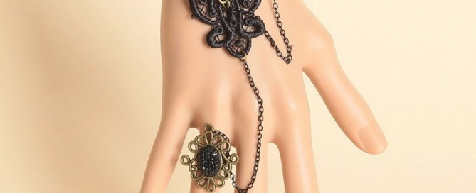 תכשיט ערב: צמיד וטבעת תחרה לערב גווני ברונזה אדום ושחור