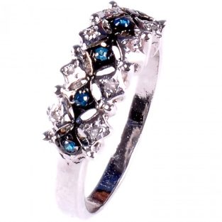 לכלה ולערב: טבעת כסף 925 בשיבוץ יהלומי גלם 0.25 קרט וזירקונים כחול מידה: 7.5