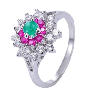 תכשיט לכלה ולערב: טבעת כסף בשיבוץ רובי, אמרלד וטופז לבן מידה: 7