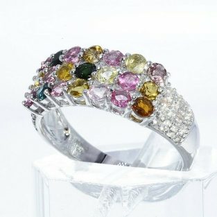 תכשיט לכלה ולערב: טבעת יוקרה כסף 925 בשיבוץ 21 טורמלין בצבעים + 40 טופז לבן מידה: 8